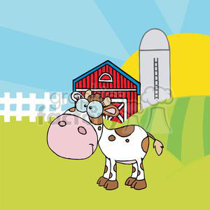   The image is a humorous, cartoon-style clipart featuring a farm setting. The central figure is a stylized, comical cow with a large head, big eyes, and an exaggerated pink nose. The cow