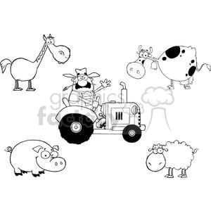   Farm Animals Cartoon Characters And Farmer In Tractor 