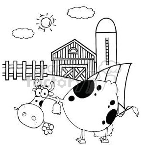   Cartoon Character Cow Different Color BW In Front Of Country Farm 