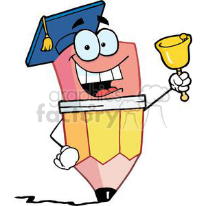 A comical cartoon pencil character wearing a graduation cap and holding a bell.