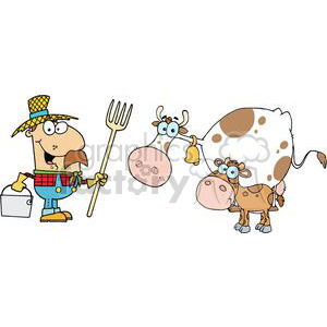 A comical cartoon farmer holding a pitchfork and bucket, standing next to two funny cows with large eyes on a farm.