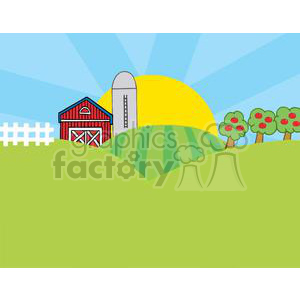 The clipart image depicts a stylized cartoon farm scene. It includes a red barn with white details, a gray silo next to it, a white fence partially visible to the left of the barn, rolling green hills, and a row of apple trees with red apples on the right. There's a large yellow sun in the background, with blue skies and stylized sun rays spreading outwards.