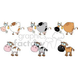 The image features a collection of cartoon-style drawings of farm animals. There are multiple cows depicted in various poses and expressions, some are standing while others are in motion, and one appears to be smelling a flower. The colors mainly include white, black, and shades of brown, with spots on the cows' bodies. These illustrations are designed in a humorous and exaggerated manner, with large eyes and smiles, contributing to their comical charm.