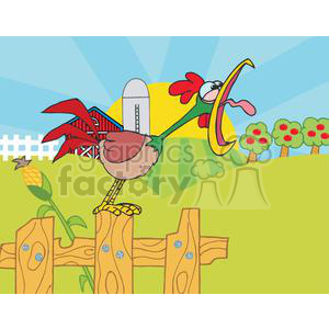 A colorful cartoon illustration of a rooster standing on a wooden fence post. The background includes a barn, silo, apple trees, and a corn plant in a farm setting with a bright, sunny sky.