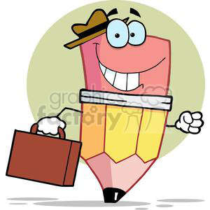   The image is a cartoon illustration of an anthropomorphic pencil. The pencil character is wearing a brown hat, has a friendly face with big round eyes and a wide smile, and is holding a brown briefcase in its left hand (on the right from the viewer
