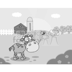 The clipart image depicts a whimsical rural farm scene in grayscale, consisting of a large-eyed, cartoonish little cow in the foreground with a smiling face. In the background, there is a barn and a silo, which are classic structures associated with a farm. To the right, there's a hilly landscape dotted with trees and a flying bee following a dotted line, indicating its flight path. The image also includes fluffy clouds in the sky, and the ground is decorated with patches of grass and flowers.