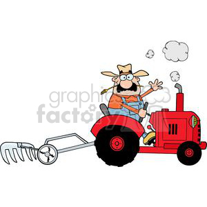 A comical cartoon image of a farmer driving a tractor, wearing a hat and overalls, with a rake attached to the tractor.