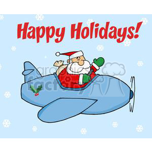 Santa Clause in a Blue Airplane with a happy Holidays banner