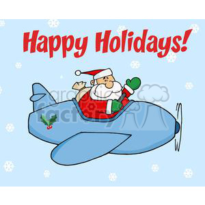 A comical cartoon of Santa Claus in a blue airplane, waving with a 'Happy Holidays' message and snowflakes in the background.