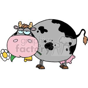 The clipart image features a cartoon cow with a humorous expression. The cow is black and white, with typical cow spots and a big pink udder. It's wearing glasses, has a tuft of hair on its head, a daisy flower in its mouth, and a bell hanging around its neck.