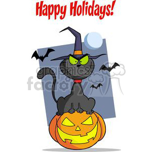 Happy Holidays Greeting With Halloween Cat on Pumpkin