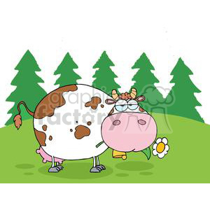 This clipart image features a cartoon cow with a comical and exaggerated appearance. The cow has a large, round body with brown spots, a contented expression, and is chewing on a flower it's holding in its mouth. It is standing in a grassy field with green hills in the background and a few stylized pine trees in the mid-distance.