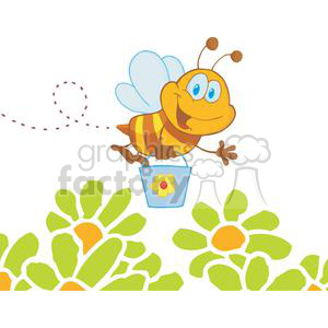 A cheerful cartoon bee flying with a blue bucket, collecting nectar from vibrant green and yellow flowers.
