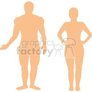 This clipart image depicts two stylized human silhouettes, one that could be interpreted as male and the other as female. The figure on the left is depicted with broader shoulders and a more muscular build, commonly associated with a male form, and is gesturing with one hand as if speaking or explaining. The figure on the right, which could be interpreted as female, is standing with hands on hips, a stance that often conveys confidence or readiness.