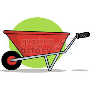 Illustration of a red wheelbarrow with a black wheel handle and green background.