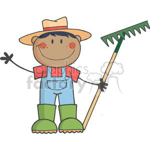 A comical clipart image of a cartoon farmer wearing a hat, overalls, and holding a rake, likely representing country farming or gardening.