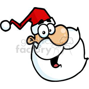 A comical cartoon image of Santa Claus with a jolly expression, featuring his iconic red hat and fluffy white beard.