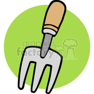 A clipart image of a handheld garden fork with a wooden handle, depicted on a green circular background.