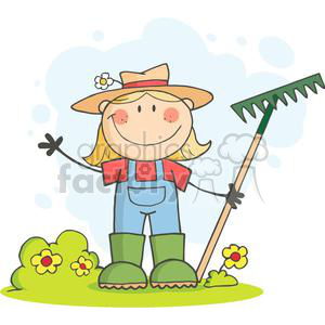 A comical cartoon illustration of a smiling farmer with blonde hair wearing overalls, a red shirt, and a straw hat. The farmer is holding a rake and surrounded by flowers and greenery.