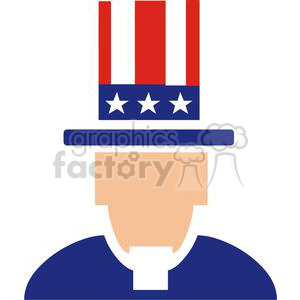 This clipart image features a stylized representation of Uncle Sam, a popular national personification of the U.S. government, known for his recruitment posters saying I Want You. The image includes a face with a plain expression, a blue top hat with white stars on a blue band, and vertical red and white stripes, suggestive of the American flag. The figure is wearing a blue suit with a white shirt collar visible.