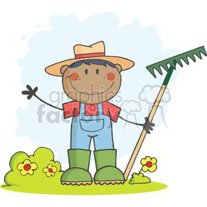 A comical illustration of a farmer with a rake, wearing overalls and a straw hat, standing in a garden setting.