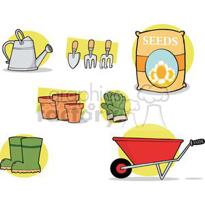 Clipart image showcasing various gardening tools and supplies including a watering can, garden tools (spade, small rake, fork), plant pots, gardening gloves, seed packet, rubber boots, and a wheelbarrow.