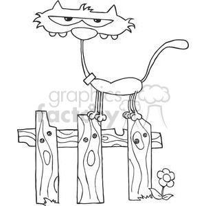 This clipart image depicts a comical cat perched atop a wooden fence. The cat appears to have a funny, somewhat grumpy expression, with narrowed eyes and downturned mouth. It's sitting with its body on one side of the fence and tail extended on the other side. The fence itself is stylized with animated knots that look like eyes, giving it a quirky, anthropomorphic feel. There's a single flower at the bottom right corner next to the fence.