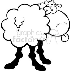 The image depicts a black and white line-art illustration of a comical sheep. The sheep has a quirky expression. The body of the sheep is represented by a large, fluffy oval shape, suggesting a fluffy wool coat. The sheep has long, skinny legs with hooves, which stand in contrast to the roundness of the body. A tongue is sticking out from the side of the mouth, adding to the playful and silly nature of the image.