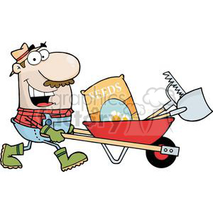 A cartoon farmer pushing a red wheelbarrow filled with a bag of seeds and gardening tools such as a shovel and a hoe. The farmer is wearing a hat, glasses, overalls, a red plaid shirt, green gloves, and green boots.