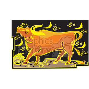 Vector illustration of a Taurus zodiac sign, depicted as a strong bull, surrounded by stars and crescent moons. This clipart represents the astrological sign Taurus associated with horoscopes and astrology.