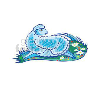 A vibrant, stylized clipart image of an Aries zodiac sign, depicted as a blue ram lying on a colorful field with flowers and grass.