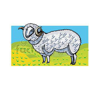 A clipart image featuring a stylized ram with large curved horns standing in a whimsical grassy field, representing the Aries zodiac sign.