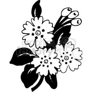 A black and white floral clipart design featuring stylized flowers and leaves.