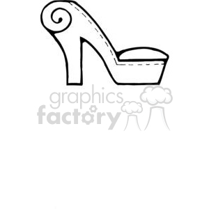 Black and white clipart illustration of a high-heeled shoe with a spiral design on the heel.