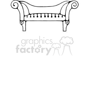 A black and white clipart image of an ornamental vintage sofa with elaborate armrests and decorative patterns.