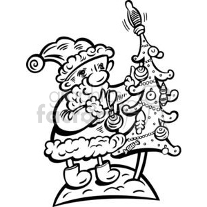 A cute and funny line art of Santa Claus decorating a Christmas tree with baubles and lights, capturing a festive holiday spirit.