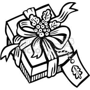 A festive clipart image of a wrapped gift box adorned with a large ribbon, holly, and a leaf-shaped tag, symbolizing Christmas and holiday celebrations.