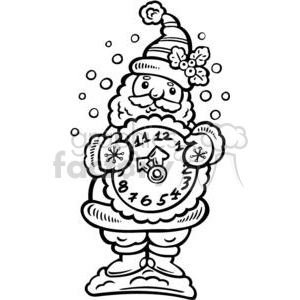 A cute and funny clipart illustration of Santa Claus holding a clock, surrounded by snowflakes. The clock depicts the time and is integrated into Santa's festive design.