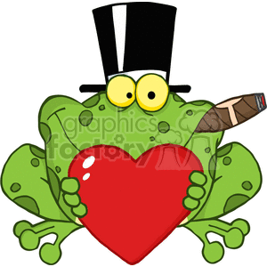 The clipart image depicts a humorous green frog with large, exaggerated yellow eyes. The frog is wearing a black top hat and holding a large red heart close to its chest. One arm of the frog appears to be holding a cigar.