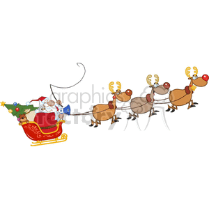 A humorous clipart image of Santa Claus in a sleigh with a megaphone, pulled by a team of reindeer. The sleigh is filled with a decorated Christmas tree and a teddy bear.