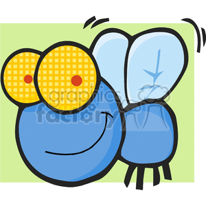 The image is a cartoon-style illustration of a smiling fly. The fly has large, exaggerated eyes with a checkered pattern and red pupils, a big, curved grin, and two clear wings with visible veins on its back. It also has six legs and two antennae.