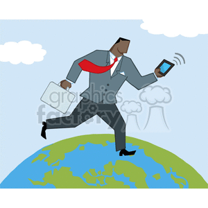 Cartoon-African-American-Businessman-Running-Around-A-Globe-With-Suitcases-And-Tablet
