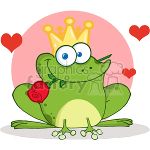   The clipart image shows a cartoon-style illustration of a green frog with large, exaggerated eyes wearing a golden crown on its head. The frog is holding a red rose in its hand, suggesting a romantic or love-themed concept. In the background, there