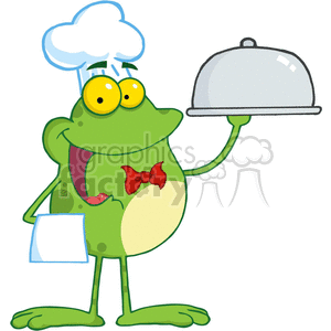 Cartoon-Frog-Mascot-Character-Chef-Serving-Food-In-A-Sliver-Platter