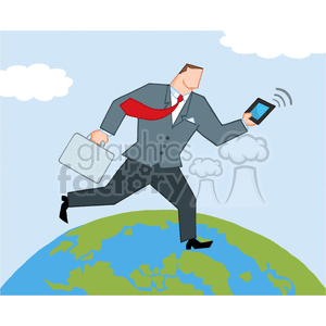 Cartoon-Businessman-Running-Around-A-Globe-With-Briefcase-And-Tablet