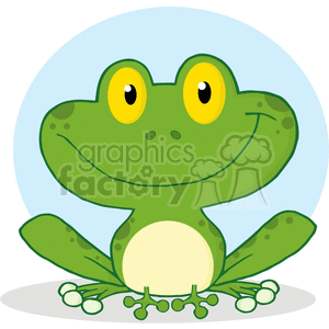   The clipart image features a cartoon-style illustration of a green frog. The frog has large yellow eyes with black pupils, a friendly and slightly mischievous smile, and is sitting down with its limbs spread out. There is a simple blue circular background behind the frog. The frog