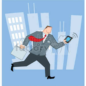 Cartoon-Businessman-Running-In-The-City-With-Suitcases-And-Tablet