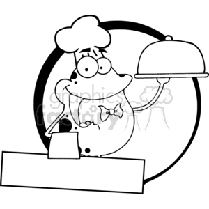   The image is a black-and-white clipart featuring a cartoon frog dressed as a chef. The frog is wearing a chef