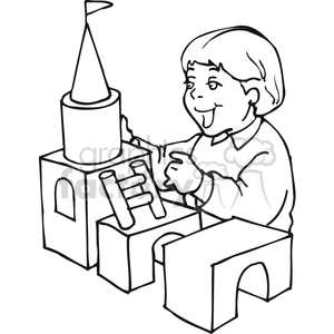 Black and white outline of a boy building a castle