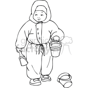 Black and white outline of a little boy with shovel and pale